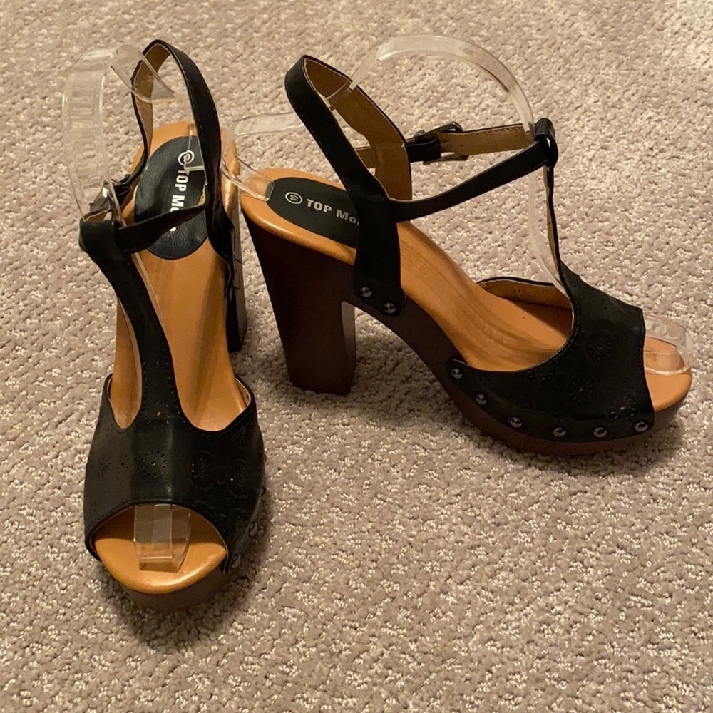 TOP Moda Black and Tan Platform T-Strap Heels